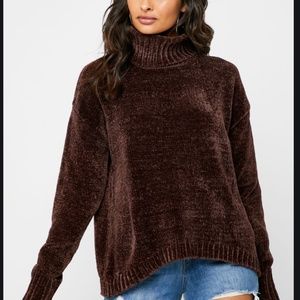 Oversized Brown Turtleneck Chenille Sweater